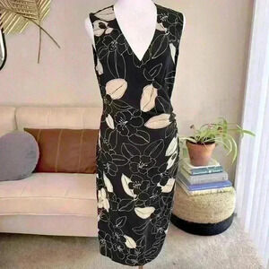 MAX MARA Pura Seta Black Ivory Floral SILK Crepe Faux Wrap Sheath Dress Size 8